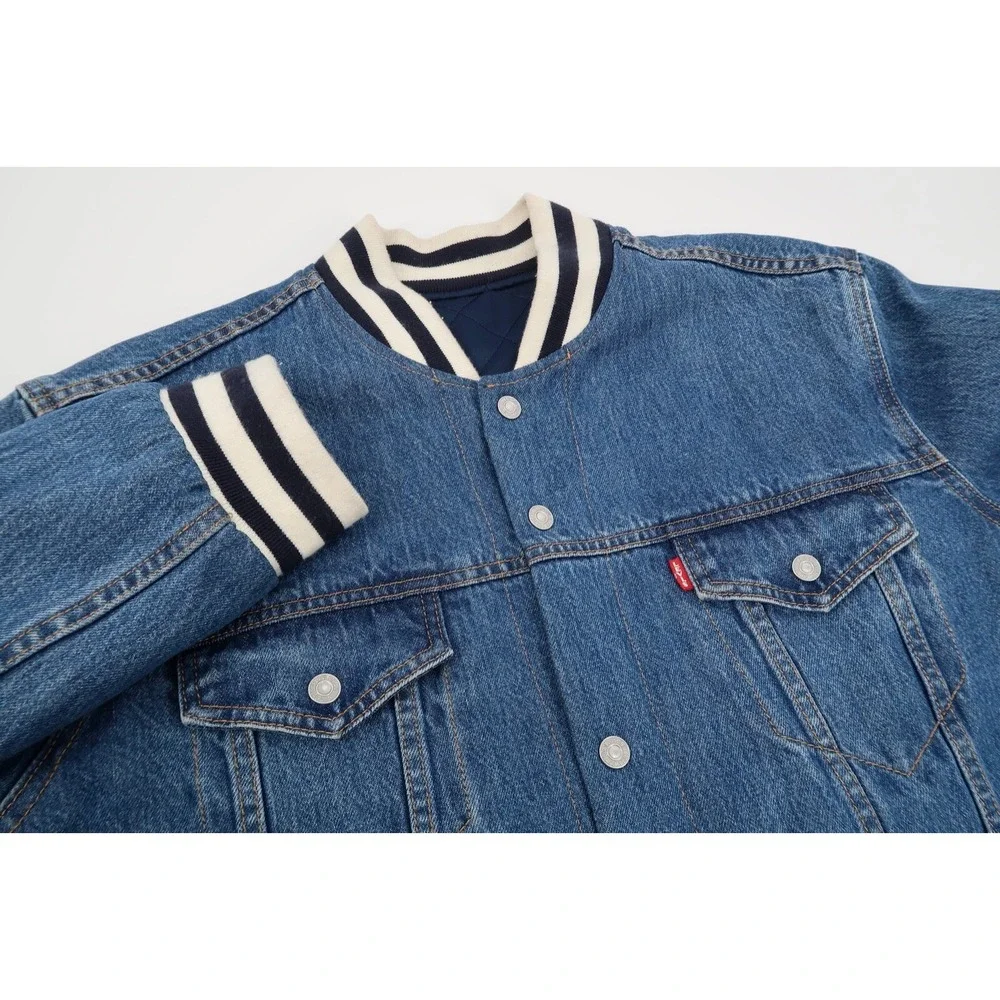 Levis Big E Men's XL Reversible Bomber Denim Quilted Varsity Jacket Blue‎